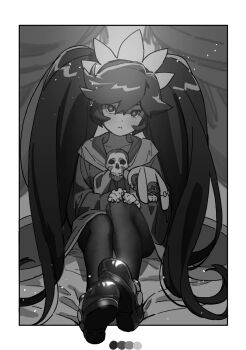 1girl ashley_(warioware) blurry blurry_background brooch closed_mouth color_guide commentary_request curtains expressionless glowing glowing_eyes greyscale hands_on_own_knee highres holding holding_stuffed_toy jewelry light_particles loafers long_hair long_sleeves looking_at_viewer monochrome nintendo norizane on_bed outside_border outstretched_legs pantyhose robe shoes sitting skull skull_brooch solo stuffed_animal stuffed_rabbit stuffed_toy twintails very_long_hair warioware