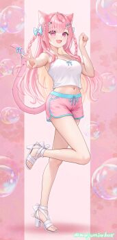 Rule 34 | 1girl, :3, absurdres, alternate costume, animal ear fluff, animal ears, blonde hair, blunt bangs, blush, bow, braid, breasts, camisole, cat ears, cat tail, cleavage, colored inner hair, commentary request, crop top, dolphin shorts, drawstring, fingerless gloves, full body, gloves, hair bow, hair ornament, hair over shoulder, hairclip, high heel sandals, highres, indie virtual youtuber, looking at viewer, medium breasts, midriff, multicolored hair, navel, open mouth, paw pose, pink background, pink eyes, pink hair, pink shorts, ribbon, sandals, shorts, smile, solo, standing, standing on one leg, star (symbol), star hair ornament, tail, tail ornament, tail ribbon, toenails, toes, twin braids, twitter username, two-tone hair, two side up, v, virtual youtuber, wajuniorbox, white camisole, white sandals, yuuki sakuna