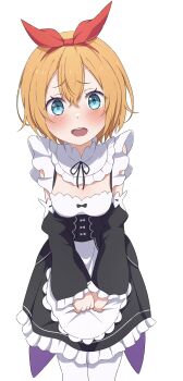 1girl :d alternate_costume apron black_bow black_dress black_ribbon black_skirt black_sleeves blue_eyes blush bow bow_hairband breasts cleavage commentary_request cosplay detached_collar detached_sleeves dress enmaided frilled_apron frilled_dress frilled_sleeves frills hair_between_eyes hair_bow hair_ribbon hairband highres long_sleeves looking_at_viewer maid miniskirt na-suke neck_ribbon open_mouth orange_hair pantyhose petra_leyte re:zero_kara_hajimeru_isekai_seikatsu red_hairband red_ribbon ribbon ribbon-trimmed_sleeves ribbon_trim roswaal_mansion_maid_uniform short_hair simple_background skirt small_breasts smile solo standing teeth upper_teeth_only waist_apron white_apron white_background white_pantyhose