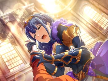 2girls armor black_gloves blue_hair brown_eyes crying dutch_angle fur_trim game_cg gloves hanayagi_kaoruko headpiece holding_another's_arm light_rays long_sleeves medium_hair multiple_girls official_art open_mouth purple_skirt shoujo_kageki_revue_starlight shoujo_kageki_revue_starlight_-re_live- skirt solo_focus tears upper_body