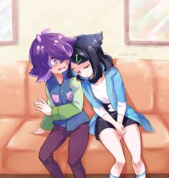 Rule 34 | 2girls, black hair, blush, closed eyes, closed mouth, couch, creatures (company), dot (pokemon), eyelashes, game freak, hair ornament, hair over eyes, hairclip, head on another&#039;s shoulder, highres, jacket, leaning on person, liko (pokemon), long sleeves, multicolored hair, multiple girls, mutsuki (tsugaidanuki), nintendo, on couch, open clothes, open mouth, pants, pink hair, pokemon, pokemon (anime), pokemon horizons, purple eyes, purple hair, shirt, short hair, shorts, sitting, sleeping, vest