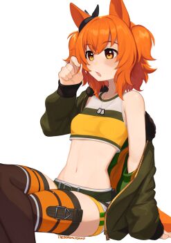 1girl alternate_hair_length alternate_hairstyle animal_ears belt blush bomber_jacket bow breasts brown_ribbon commentary crop_top crossed_legs dog_tags ear_bow ear_ribbon english_commentary green_belt green_jacket hair_between_eyes highres horse_ears horse_girl horse_tail jacket long_hair long_sleeves mayano_top_gun_(scramble_zone)_(umamusume) mayano_top_gun_(umamusume) midriff navel open_clothes open_jacket open_mouth orange_eyes orange_hair orange_tail ribbon shirt shorts simple_background single_bare_shoulder sitting small_breasts solo stomach tail thighhighs two_side_up umamusume white_background white_shorts yellow_shirt yoako