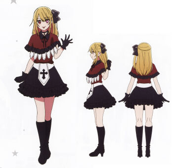 1girl :p absurdres black_boots black_choker black_skirt blonde_hair boots choker cross dress frilled_skirt frills gem hair_ribbon highres hoshino_ruby idol idol_clothes long_hair looking_at_viewer mismatched_pupils non-web_source official_art one_side_up oshi_no_ko pink_eyes red_shirt reference_sheet ribbon scan self-scan shirt skirt smile solo star-shaped_pupils star_(symbol) symbol-shaped_pupils tongue tongue_out white_background