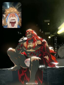 2boys absurdres bara beard blonde_hair blue_eyes crying drum drum_set earrings facial_hair fan_screaming_at_madison_beer_(meme) full_beard ganondorf highres holding holding_microphone huge_eyebrows icelernd instrument jewelry knee_up large_pectorals link long_hair male_focus male_underwear mature_male meme microphone multiple_boys muscular muscular_male music nintendo nipples pectorals photo_background pointy_ears red_hair screaming see-through_clothes singing sitting stage stage_lights streaming_tears tears the_legend_of_zelda the_legend_of_zelda:_tears_of_the_kingdom thick_beard thick_thighs thighs underwear wet wet_clothes wet_male_underwear white_male_underwear yaoi