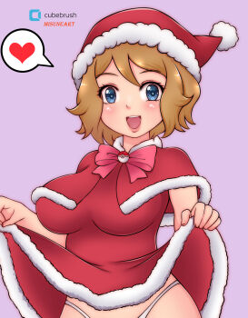 1girl blue_eyes blush bow breasts brooch brown_hair capelet christmas clothes_lift dress dress_lift fur-trimmed_capelet fur-trimmed_dress fur-trimmed_headwear fur_trim hat heart jewelry large_breasts looking_at_viewer misune_art nintendo open_mouth panties pink_bow poke_ball poke_ball_(basic) pokemon pokemon_(anime) pokemon_xy_(anime) pom_pom_(clothes) purple_background red_capelet red_dress red_hat santa_costume santa_dress santa_hat serena_(pokemon) short_hair sleeveless sleeveless_dress smile speech_bubble spoken_heart standing teeth underwear upper_body white_panties
