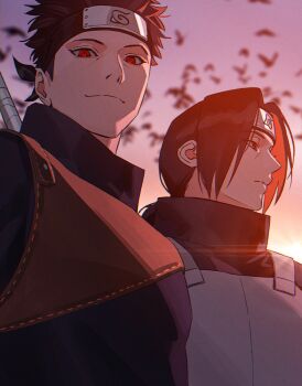 2boys absurdres bird black_hair closed_mouth commentary_request crow forehead_protector from_below high_collar highres konohagakure_anbu_uniform konohagakure_symbol korean_commentary looking_at_viewer looking_to_the_side m0_mo_momo male_focus multiple_boys naruto_(series) naruto_shippuuden ninja red_eyes sharingan short_hair sky sunset uchiha_itachi uchiha_shisui upper_body