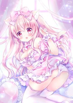 1girl armpits ass breasts cat_day chiika_(cure_cherish) cleavage dress frilled_dress frilled_pillow frilled_skirt frills large_breasts long_hair original panties pillow pink_dress pink_ribbon pink_skirt ribbon shorts skirt tail thighhighs thighs tia_(chiika_cure_cherish) underwear yume_kawaii