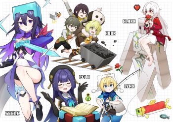 1boy 6+girls ahoge alina_(honkai:_star_rail) aviary barefoot black_hat black_shoes blonde_hair blue_eyes blue_neckerchief brown_shoes character_name clara_(honkai:_star_rail) closed_eyes closed_mouth coal enchantment_table fishing fishing_rod flower glasses green_eyes hair_between_eyes hat heart highres holding holding_fishing_rod honkai:_star_rail honkai_(series) hook_(honkai:_star_rail) iron_golem_(minecraft) julian_(honkai:_star_rail) long_hair lynx_landau minecart minecraft multiple_girls neckerchief on_shoulder open_mouth pela_(honkai:_star_rail) pom_pom_(clothes) purple_eyes purple_hair red_eyes red_flower red_rose revision rose seele_(honkai:_star_rail) shoes white_hair white_hat