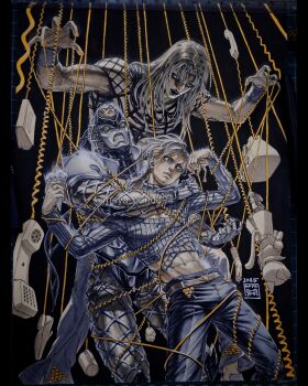 2boys black_background cigarette corded_phone diavolo jojo_no_kimyou_na_bouken king_crimson_(stand) maya_panda multiple_boys pants phone puppet_strings vento_aureo vinegar_doppio