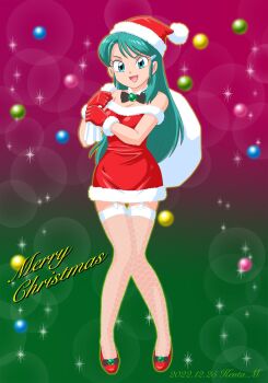 Rule 34 | 1girl, aqua hair, artist name, bare shoulders, black bow, black bowtie, blue eyes, bow, bowtie, breasts, christmas, cleavage, commentary request, dated, detached collar, dress, fishnet thighhighs, fishnets, footwear bow, full body, fur-trimmed dress, fur-trimmed gloves, fur-trimmed headwear, fur trim, garter straps, genji tsuushin agedama, gloves, hair ornament, hairclip, hands up, hat, highres, holding, holding sack, knees together feet apart, kuki rei, long hair, looking at viewer, merry christmas, mizutani kenta, off-shoulder dress, off shoulder, open mouth, red dress, red gloves, red shoes, sack, santa costume, santa hat, shoes, short dress, smile, solo, sparkle, standing, thighhighs, v-shaped eyebrows