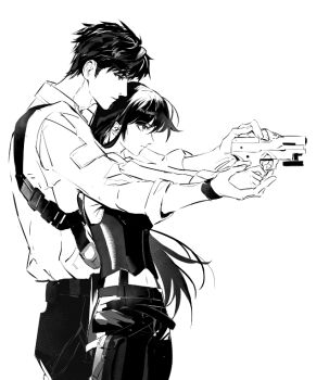 aiming awkwardtomato black_hair black_pants caleb_(love_and_deepspace) collared_shirt corset couple cowboy_shot greyscale gun hair_between_eyes harness hetero holding holding_gun holding_hands holding_weapon long_hair love_and_deepspace midriff monochrome navel pants protagonist_(love_and_deepspace) shirt short_hair sleeves_rolled_up weapon white_background white_shirt