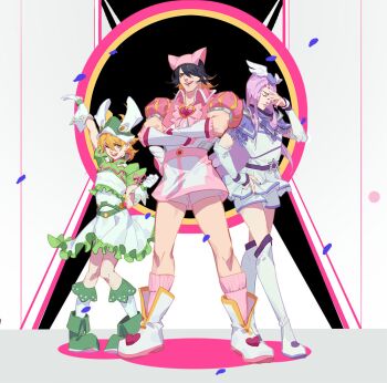 3boys arm_up black_hair blonde_hair boots crossdressing full_body gloves green_boots green_hat hachisuka_kotetsu hair_over_one_eye hand_on_own_hip hat knees_together_feet_apart magical_boy male_focus multiple_boys nagasone_kotetsu ncww_rinichi one_eye_closed pink_hat pink_socks short_hair sigh skirt socks standing touken_ranbu urashima_kotetsu white_gloves white_skirt winged_hat