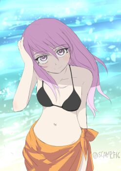 Rule 34 | 1girl, alternate costume, beach, bikini, black bikini, girls und panzer, girls und panzer little army, long hair, one-hour drawing challenge, pink eyes, pink hair, scamp (scamp f16), sheska (girls und panzer), smile, swimsuit, swimsuit cover-up, twitter username