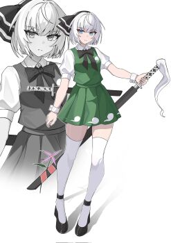 Rule 34 | 1girl, black hairband, black shoes, blue eyes, collared shirt, corrupted twitter file, full body, green skirt, green vest, hairband, hashtag-only commentary, highres, holding, holding sword, holding weapon, katana, konpaku youmu, miniskirt, pleated skirt, puffy short sleeves, puffy sleeves, sheath, sheathed, shirt, shoes, short hair, short sleeves, skirt, solo, sword, thighhighs, touhou, vest, wakizashi, weapon, white background, white hair, white shirt, white thighhighs, wraithakari, zettai ryouiki, zoom layer
