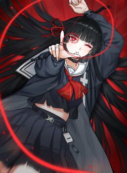 1girl arm_up black_choker black_hair black_jacket black_serafuku black_shirt black_skirt chisa_(wuthering_waves) choker commentary hair_ribbon highres jacket long_hair looking_at_viewer neckerchief one_eye_closed parted_lips red_eyes red_neckerchief red_ribbon ribbon sailor_collar school_uniform serafuku shirt skirt solo veri very_long_hair white_sailor_collar wuthering_waves