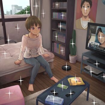 1girl bag_of_chips barefoot bookshelf brown_hair cactus cellphone closed_mouth commentary_request controller curtains highres indoors original phone poster_(object) remote_control robotic_vacuum_cleaner short_hair sitting smartphone smile sparkle television tissue_box window wooden_floor yajirushi_(chanoma)