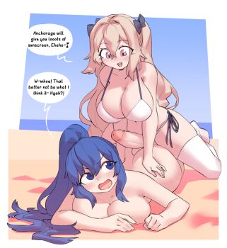 1futa 1girl anchorage_(azur_lane) ass azur_lane beach bikini blonde_hair blue_eyes blue_hair blush borvar breast_press breasts english_text erection futa_with_female futanari highres large_breasts large_penis long_hair looking_at_viewer lying medium_penis new_jersey_(azur_lane) open_mouth penis ponytail smile speech_bubble swimsuit testicles white_bikini yuri