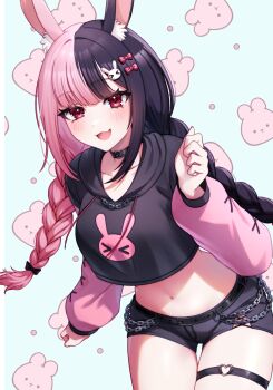 1girl absurdres animal_ear_fluff animal_ears black_choker black_hair black_hoodie black_shorts blush bow braid breasts choker commentary cowboy_shot cropped_hoodie english_commentary fang hair_bow hand_up heart heart_o-ring highres hood hoodie indie_virtual_youtuber long_hair long_sleeves looking_at_viewer marshie_(vtuber) medium_breasts midriff multicolored_hair navel o-ring o-ring_thigh_strap open_mouth parted_bangs pink_hair pome0826 rabbit_ears rabbit_girl red_bow red_eyes second-party_source short_shorts shorts skin_fang smile solo split-color_hair thigh_strap twin_braids two-tone_hair virtual_youtuber