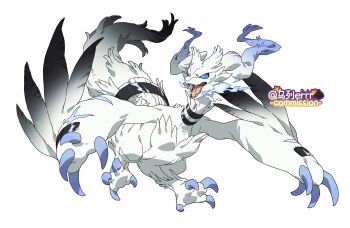 alternate_color alternate_shiny_pokemon black_feathers black_fur blue_claws blue_eyes blue_fur blue_sclera claws colored_sclera dragon feathers full_body gen_5_pokemon highres legendary_pokemon looking_at_viewer nintendo no_humans pokemon pokemon_(creature) reshiram simple_background snout solo standing symbol-shaped_pupils white_background white_feathers white_fur wulie_errr x-shaped_pupils