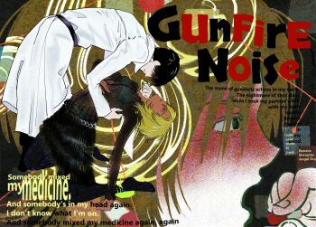 1boy 1girl absurdres baboogii belt bent_over black_belt black_bra black_dress black_eyes black_hair black_pants black_pantyhose blonde_hair blue_pantyhose bra character_request coat copyright_request dark-skinned_female dark_skin dress empty_eyes english_text from_side grin hair_between_eyes hair_over_eyes hand_on_another's_back hand_on_own_stomach highres holding holding_pillow holding_syringe injection kneeling long_coat long_sleeves looking_ahead looking_at_another looking_up lyrics multiple_views no_shoes o-ring o-ring_belt open_mouth pants pantyhose pill pillow projected_inset ripples see-through_clothes see-through_dress short_hair smile striped_clothes striped_pantyhose syringe the_pretty_reckless_(band) two-tone_pantyhose underwear vertical-striped_clothes vertical-striped_pantyhose white_coat