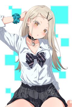 1girl :o absurdres alternate_costume anime_coloring arm_behind_back black_bow black_bowtie black_choker blue_scrunchie blush bow bowtie breasts choker collarbone collared_shirt commentary_request concept_gyarus_(idolmaster) dated diagonal-striped_bow diagonal-striped_bowtie diagonal-striped_clothes dot_nose eyelashes gakuen_idolmaster grey_hair grey_skirt gyaru hair_ornament hairpin hand_on_own_head head_tilt heart heart_choker highres idolmaster long_hair looking_at_viewer loose_bowtie nokino_shida open_collar out_of_frame plaid_clothes plaid_skirt pleated_skirt school_uniform scrunchie shinosawa_hiro shirt signature single_sidelock sitting skirt sleeves_rolled_up small_breasts solo striped_bow striped_bowtie striped_clothes thick_eyelashes wariza white_background white_shirt wrist_scrunchie