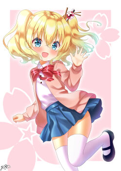 Rule 34 | 1girl, :d, absurdres, alice cartelet, black shoes, blonde hair, blue eyes, blue skirt, blush, cardigan, collared shirt, colored tips, commentary request, cowboy shot, floral print, green hair, hair ornament, hair stick, hand up, highres, kin-iro mosaic, looking at viewer, mary janes, medium hair, miniskirt, moegi high school uniform, multicolored hair, open cardigan, open clothes, open hand, open mouth, pink background, pink cardigan, pleated skirt, romaji commentary, school uniform, shirt, shoes, simple background, skirt, smile, solo, sparkle, sparkling eyes, standing, standing on one leg, thighhighs, thighs, twintails, waving, white shirt, white thighhighs, yu-ka0919, zettai ryouiki