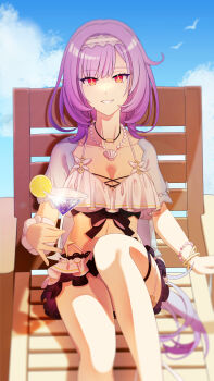 1girl absurdres beach beach_chair bikini blue_sky bracelet breasts c10h12o2 cleavage commentary_request cup elysia_(honkai_impact) elysia_(miss_pink_elf)_(honkai_impact) elysia_(summer_miss_elf)_(honkai_impact) food fruit grin hairband herrscher_of_corruption highres holding holding_cup honkai_(series) honkai_impact_3rd jewelry large_breasts lemon lemon_slice long_hair looking_at_viewer midriff necklace official_alternate_costume purple_hair red_eyes shell shell_necklace sky smile solo swimsuit tropical_drink very_long_hair white_bikini white_hairband