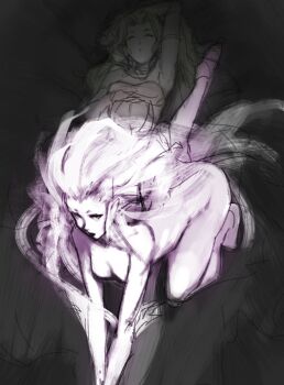 Rule 34 | 1girl, 2girls, bare shoulders, breasts, cape, colored skin, commentary, detached sleeves, dress, dual persona, earrings, english commentary, eu03, final fantasy, final fantasy vi, highres, jewelry, long hair, looking at viewer, medium breasts, monochrome, monster girl, multiple girls, nude, open mouth, pink hair, pink skin, pointy ears, ponytail, solo, strapless, terra branford, thighs, tina branford, trance terra branford