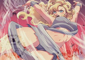 1girl abs armpits ayla_(chrono_trigger) blonde_hair blue_eyes breasts cavewoman chrono_trigger cowboy_shot crop_top curly_hair dated fur_wrist_cuffs furrowed_brow grey_shirt grey_skirt grey_wrist_cuffs hands_up long_hair medium_breasts microskirt midriff open_mouth revealing_clothes shikiwo shirt shouting skirt solo thigh_gap thighs upskirt wrist_cuffs