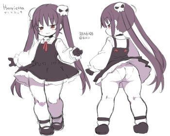 1girl ass black_gloves deformed gloves grin hair_ornament henrietta_(zankuro) loli long_hair original panties pantyhose red_eyes simple_background sketch skull_hair_ornament smile spot_color twintails underwear upskirt white_background white_pantyhose zankuro