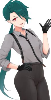 Rule 34 | 1girl, ;d, black gloves, black necktie, black pants, black suspenders, bright pupils, collared shirt, commentary request, earrings, gloves, green hair, grey shirt, hand on own hip, hand up, highres, jewelry, long hair, necktie, nintendo, one eye closed, open mouth, otohukebonne, pants, pokemon, pokemon sv, ponytail, red eyes, rika (pokemon), shirt, simple background, smile, solo, suspenders, white background, white pupils