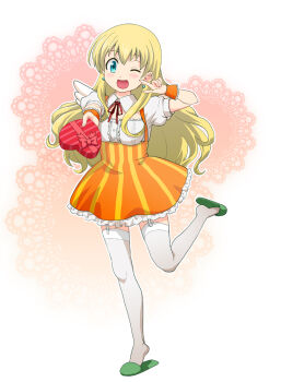 10s 1girl ;d anna_miller bekki_natsumi blonde_hair blue_eyes blush breasts detached_collar dress earrings female_focus fingernails garter_straps gift giving haniwa_(leaf_garden) incoming_gift jewelry long_hair no-rin one_eye_closed open_mouth orange_skirt pointing pointing_at_self ribbon skirt slippers smile solo standing standing_on_one_leg striped_clothes striped_dress thighhighs valentine vertical-striped_clothes vertical-striped_dress waitress wings zettai_ryouiki