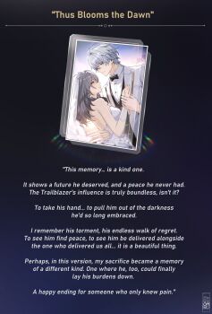 1boy 1girl absurdres alternate_costume antenna_hair arm_around_waist bare_shoulders black_bow black_bowtie black_vest blue_eyes bow bowtie breasts bridal_gauntlets bridal_veil bride closed_mouth collared_shirt commentary couple dress dress_flower earrings english_commentary english_text falling_petals flower grey_hair groom hand_on_another&#039;s_back hand_on_another&#039;s_chest hetero highres holding_hands honkai:_star_rail honkai_(series) jacket jewelry light_cone_(honkai:_star_rail) light_smile long_hair looking_at_another medium_breasts moonimu_art neck_tattoo outdoors pearl_earrings petals phainon_(honkai:_star_rail) ring shirt short_hair stelle_(honkai:_star_rail) strapless strapless_dress sunrise tattoo trailblazer_(honkai:_star_rail) upper_body veil vest wedding_dress wedding_ring white_dress white_jacket white_shirt yellow_eyes