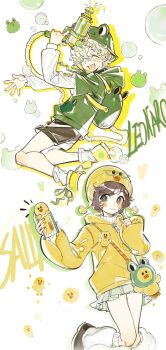 1boy 1girl :d ^_^ backpack bag bird black_eyes black_shoes blonde_hair blush brown_hair brown_shorts bubble bucket_hat chullo closed_eyes coldrex8 cross-shaped_pupils curly_hair duck fang finger_to_cheek florian_brand florian_brand_(leonard) frog green_hat green_shirt hat highres holding holding_phone hood hooded_shirt hoodie identity_v jumping leg_warmers looking_to_the_side official_alternate_costume open_mouth phone pleated_skirt puffy_sleeves shirt shoes short_hair shorts skirt smile socks symbol-shaped_pupils tracy_reznik tracy_reznik_(sally) water_gun white_leg_warmers white_shirt white_skirt white_socks yellow_hat yellow_hoodie yellow_shoes