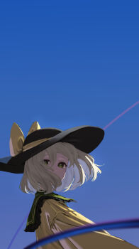 1girl black_hat blue_background bow collared_shirt commentary frilled_shirt_collar frills green_eyes green_hair hair_over_mouth hat hat_bow hat_ribbon highres kanpa_(campagne_9) komeiji_koishi long_sleeves looking_at_viewer looking_to_the_side medium_hair ribbon shirt solo touhou upper_body yellow_bow yellow_ribbon yellow_shirt