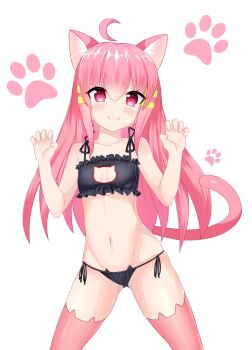 1girl ahoge animal_ear_fluff animal_ear_legwear animal_ears artist_request black_bra black_panties blush bra breasts c: cat_cutout cat_ear_legwear cat_ear_panties cat_ears cat_girl cat_lingerie cat_tail claw_pose cleavage_cutout clothing_cutout commentary cowboy_shot frilled_bra frills gluteal_fold groin hair_ornament hairclip hands_up highres indie_virtual_youtuber legs_apart long_hair looking_at_viewer lowleg lowleg_panties navel panties paw_print paw_print_background pink_eyes pink_hair pink_tail pink_thighhighs second-party_source side-tie_panties small_breasts smile solo spanish_commentary standing stomach suwie_(vtuber) tail thighhighs underwear virtual_youtuber white_background