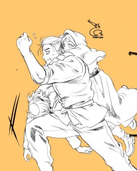 Rule 34 | 1girl, 2boys, absurdres, arms around neck, badeni, bae (baebae), belt, boots, capelet, chi.: chikyuu no undou ni tsuite, clenched teeth, commentary request, dated, feet out of frame, furrowed brow, hair bun, highres, hood, hood up, hooded capelet, jolenta, korean commentary, multiple boys, oczy, orange background, robe, running, short hair, sketch, sleeves rolled up, sweatdrop, tabard, teeth, tonsure, updo, vest