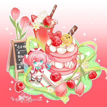 Rule 34 | 1girl, :d, absurdres, artist name, black shoes, blue hair, bow, bowtie, chibi, chibi only, chinese commentary, commentary request, cup, cyrene (honkai: star rail), double-parted bangs, dress, drinking glass, flower, food, fruit, full body, gradient background, green bow, green bowtie, hair between eyes, hat, highres, honkai: star rail, honkai (series), long hair, long sleeves, macaron, multicolored hair, open mouth, outline, pink flower, pink hair, pink tulip, raspberry, red background, red hat, shoes, smile, solo, standing, strawberry, tulip, twintails, two-tone hair, white dress, white outline, yuyuzi tamako