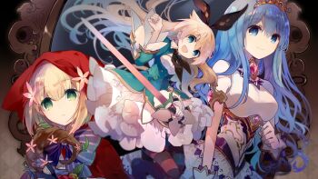 Rule 34 | 3girls, alice (grimms notes), alice (original) (grimms notes), aqua dress, aqua eyes, asymmetrical legwear, blonde hair, blue eyes, breasts, buttons, cinderella (grimms notes), cinderella (original) (grimms notes), collared shirt, cyawa, dress, frilled dress, frills, gloves, gold buttons, gold tiara, grimms notes, hair between eyes, hanataba no tsue (grimms notes), highres, holding, holding staff, holding sword, holding weapon, hood, hood up, jumping, looking at viewer, mirror, mismatched legwear, multiple girls, open mouth, parted lips, red hood, red riding hood (grimms notes), red riding hood (original) (grimms notes), shirt, smile, souken alice qualia (grimms notes), staff, sword, teeth, upper body, weapon, white gloves, white shirt, wide sleeves