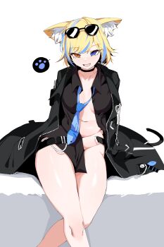 absurdres animal_ears bare_legs black_coat black_survival blonde_hair blue_eyes cat_ears choker coat eternal_return:_black_survival eyewear_on_head heterochromia highres irem_(black_survival) medium_hair multicolored_hair necktie official_alternate_costume open_clothes orange_eyes plentyofempty smile sunglasses two-tone_hair