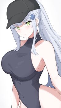 1girl absurdres bare_shoulders black_hat black_leotard blush breasts covered_navel cross facepaint girls'_frontline girls'_frontline_2:_exilium green_eyes hat highleg highleg_leotard highres hk416_(girls'_frontline) iron_cross klukai_(girls'_frontline_2) large_breasts leotard long_hair looking_at_viewer ponytail skin_tight smile solo teardrop uchikata_takeaki very_long_hair white_hair
