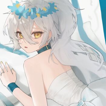 Rule 34 | 1girl, backless dress, backless outfit, bow, choker, dress, girls' frontline, hair between eyes, head wreath, jewelry, kir (khw66136132), long hair, looking at viewer, looking back, official alternate costume, open mouth, pkp (girls' frontline), pkp (silver star) (girls' frontline), ponytail, ring, solo, upper body, white bow, white hair, yellow eyes, yellow nails