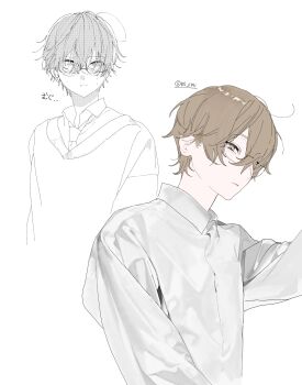 1boy absurdres brown_eyes brown_hair closed_mouth collared_shirt glasses hair_between_eyes highres long_sleeves looking_at_viewer male_focus ml_rmi multiple_views necktie original round_eyewear shirt simple_background sweater twitter_username upper_body white_background white_shirt