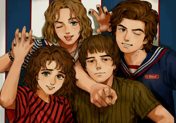 2boys 2girls blue_eyes blue_sailor_collar brown_eyes brown_hair c-fish commentary green_eyes highres holding_hands jonathan_byers multiple_boys multiple_girls nancy_wheeler one_eye_closed robin_buckley sailor_collar sailor_shirt shirt short_hair smile steve_harrington stranger_things striped_clothes striped_shirt symbol-only_commentary vertical-striped_clothes vertical-striped_shirt