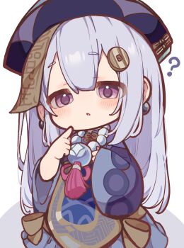 1girl ? absurdres apron awa_teruru bead_necklace beads chibi chibi_only chinese_clothes coin_hair_ornament commentary finger_to_mouth genshin_impact hair_ornament hat highres jewelry jiangshi long_hair long_sleeves necklace ofuda ofuda_on_head open_mouth purple_eyes qingdai_guanmao qiqi_(genshin_impact) simple_background solo very_long_hair white_background white_hair wide_sleeves yellow_apron