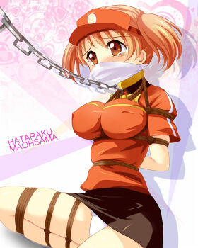 1girl bdsm blush bondage bound breast_bondage breasts brown_eyes brown_hair chain chain_leash cloth_gag clothes_writing collar covered_erect_nipples employee_uniform fast_food_uniform female_focus gag gagged hataraku_maou-sama! highres improvised_gag large_breasts leash over_the_nose_gag panties pantyshot rope sasaki_chiho shibari short_hair short_twintails slave solo sweetsprite tears twintails underwear