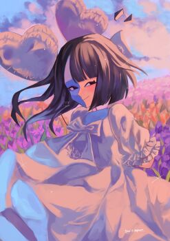 1girl balloon black_eyes blue_skin blunt_bangs colored_skin commentary ena_(ena) ena_(series) ena_(species) ena_(web_series) floating_hair floating_head happy_ena heart highres long_hair multicolored_skin outdoors short_sleeves smile solo split-color_skin symbol-only_commentary two-tone_skin usagimarumei yellow_skin