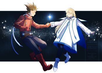 Rule 34 | 1boy, 1girl, absurdres, ankle boots, black pants, blonde hair, blue trim, boots, border, brown eyes, brown hair, chest jewel, closed eyes, colette brunel, dovepopopo, dress, floating hair, gloves, gold choker, highres, holding hands, jacket, leggings, lloyd irving, long hair, long sleeves, night, pants, red boots, red gloves, red shirt, scarf, shirt, sky, smile, star (sky), starry sky, suspenders, tales of (series), tales of symphonia, white boots, white border, white dress, white jacket, white scarf