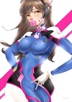1girl absurdres blowing_bubble_gum bodysuit breasts brown_hair chewing_gum covered_erect_nipples d.va_(overwatch) facial_mark hand_on_own_hip highres long_hair looking_at_viewer medium_breasts overwatch skin_tight solo whisker_markings xinshijie_de_akalin yellow_eyes