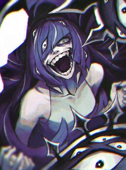 1girl andrich_galam black_hair commentary crazy_smile dark_persona english_commentary extra_eyes from_above gen_7_pokemon green_eyes highres looking_up lusamine_(pokemon) lusamine_fused_(pokemon) nihilego nintendo open_mouth pokemon pokemon_sun_and_moon sharp_teeth smile solo teeth ultra_beast